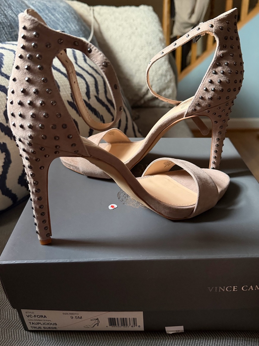Vince Camuto Taupe Suede Studded Ankle-Strap Heels